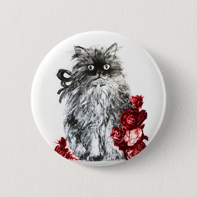 KITTY CAT,KITTEN WITH RED ROSES 2 INCH ROUND BUTTON (Front)