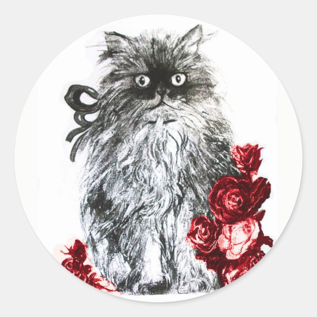 KITTY CAT,KITTEN WITH RED ROSES Black White Classic Round Sticker (Front)