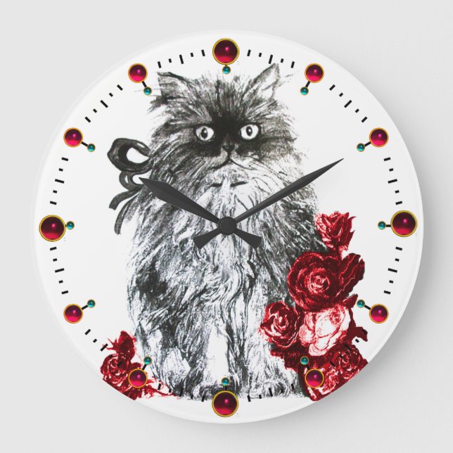 KITTY CAT,KITTEN WITH RED ROSES,Black White Large Clock (Front)