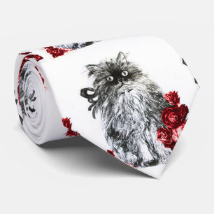 KITTY CAT,KITTEN WITH RED ROSES Black White Tie