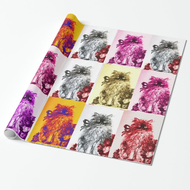 KITTY CAT /KITTEN WITH RED ROSES WRAPPING PAPER (Unrolled)