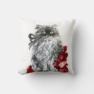 KITTY CAT, KITTEN WITH WHITE RED ROSES THROW PILLOW