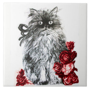 KITTY CAT, KITTEN WITH WHITE RED ROSES TILE