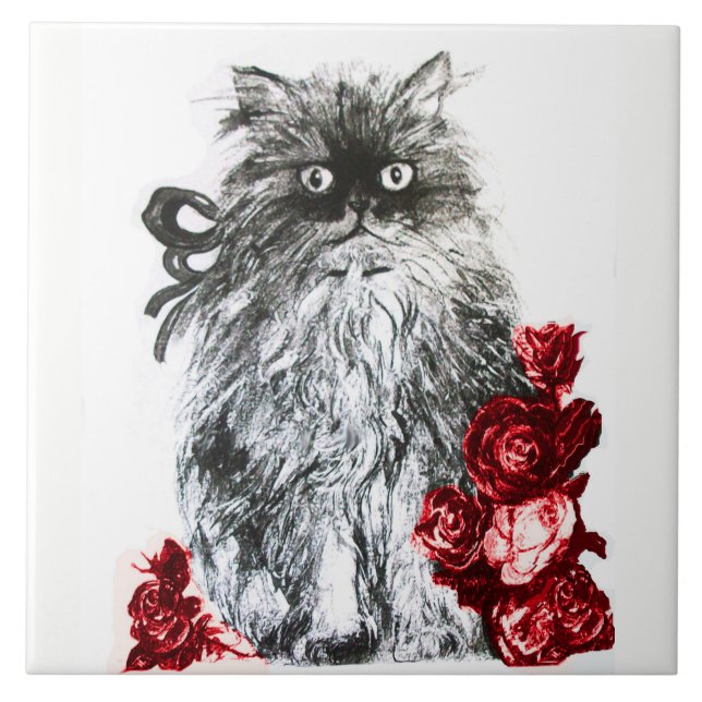 KITTY CAT, KITTEN WITH WHITE RED ROSES TILE (Front)