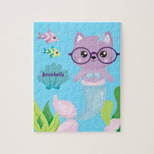 Kitty Cat Mermaid and Fish Friends Personalized Jigsaw Puzzle