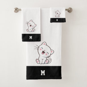 Kitty Cat & Monogram on Black & White Bath Towel S