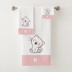 Kitty Cat & Monogram on Pink & White Bath Towel Se