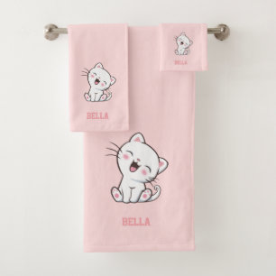 Kitty Cat & Name Text on Light Pink Bath Towel Set