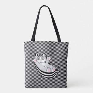 Kitty cat on black and white chess pattern tote bag