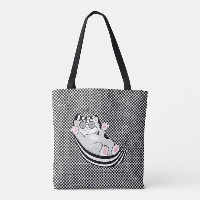 Kitty cat on black and white chess pattern tote bag (Back)