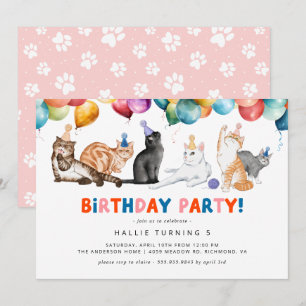Kitty Cat Party   Fun Colourful Kids Birthday Invitation