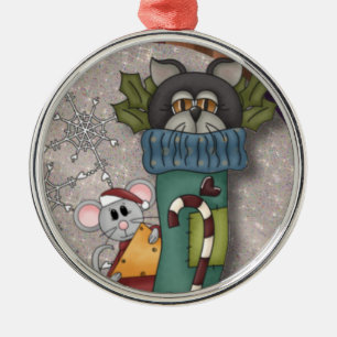 Kitty Cat Peeking from a Stocking Metal Ornament