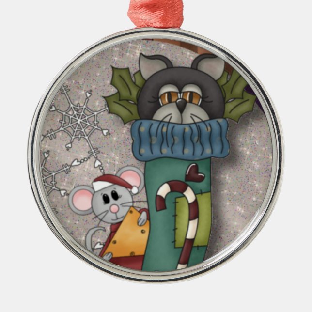 Kitty Cat Peeking from a Stocking Metal Ornament (Front)