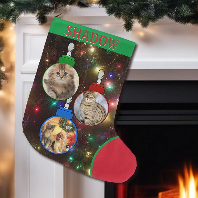 Kitty Cat Photo Tree Ornaments Add Name Large Christmas Stocking (Creator Uploaded)