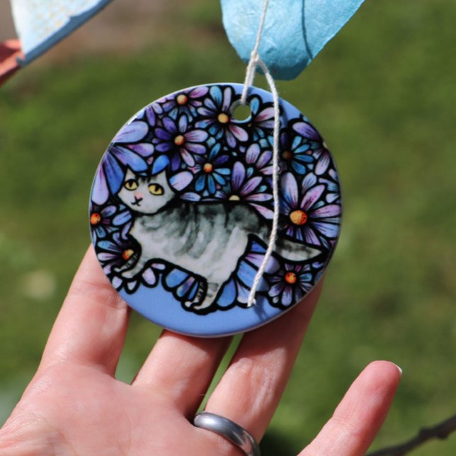 Kitty Cat Purple Daisies Grey Cat Art Grey Cats    Ceramic Ornament (Creator Uploaded)