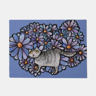 Kitty Cat Purple Daisies Grey Cat Art Grey Cats Doormat