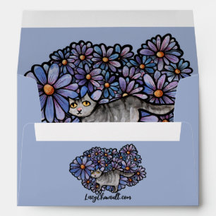 Kitty Cat Purple Daisies Grey Cat Art Grey Cats Envelope