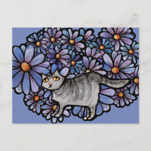 Kitty Cat Purple Daisies Grey Cat Art Grey Cats Holiday Postcard