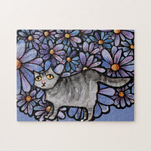 Kitty Cat Purple Daisies Grey Cat Art Grey Cats Jigsaw Puzzle
