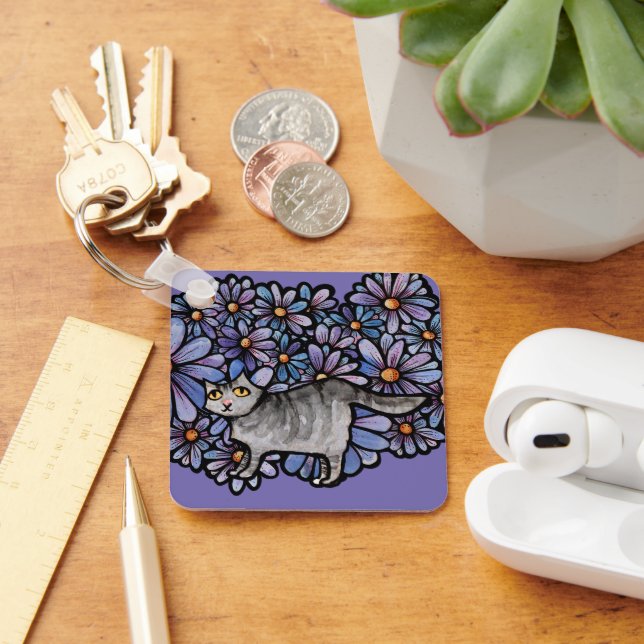 Kitty Cat Purple Daisies Grey Cat Art Grey Cats   Keychain (Desk)