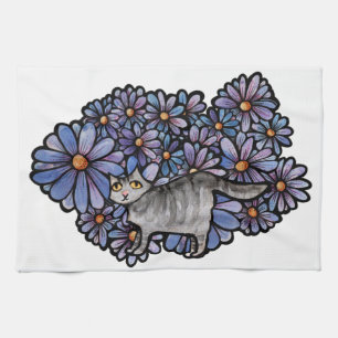 Kitty Cat Purple Daisies Grey Cat Art Grey Cats Kitchen Towel