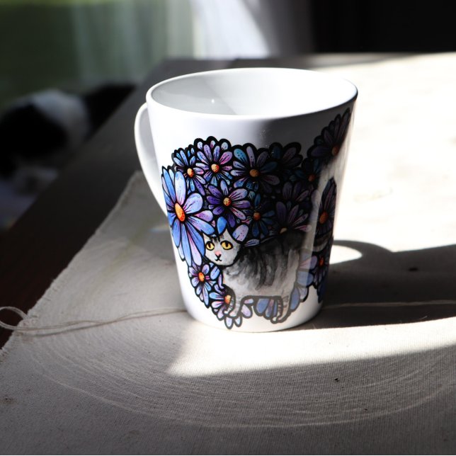 Kitty Cat Purple Daisies Grey Cat Art Grey Cats    Latte Mug (Creator Uploaded)