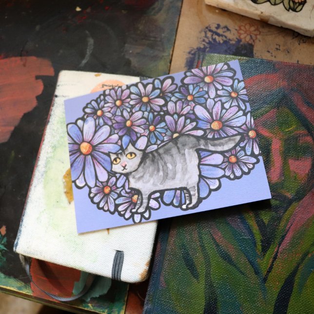 Kitty Cat Purple Daisies Grey Cat Art Grey Cats    Postcard (Creator Uploaded)