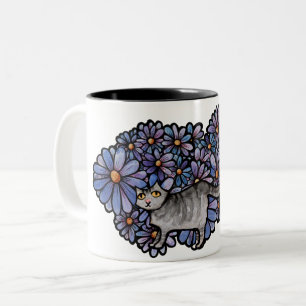Kitty Cat Purple Daisies Grey Cat Art Grey Cats    Two-Tone Coffee Mug