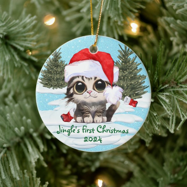 Kitty Cat Santa Hat, CUSTOMIZABLE! Adorable Cat Ceramic Ornament (Tree)