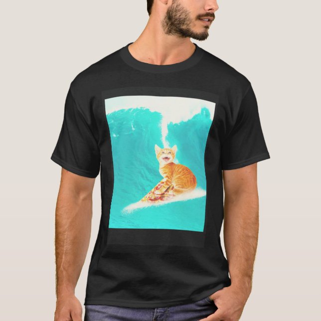 Kitty Cat Surfing Pizza T-Shirt (Front)