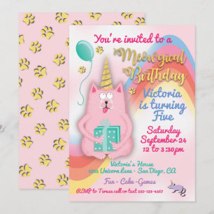 Kitty cat unicorn birthday party invitation