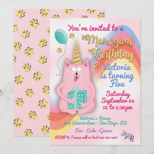 Kitty cat unicorne invitation fête d'anniversaire (Devant / Derrière)