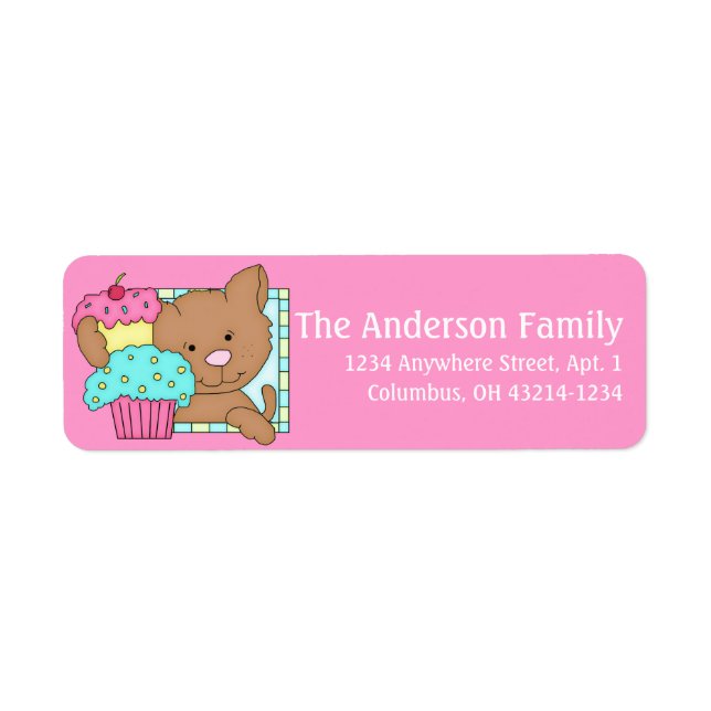 Kitty Cat with Cupcake Birthday Address Labels d3 (Front)