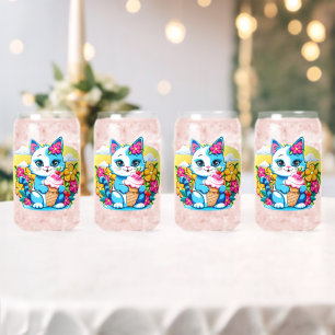 Kitty Cat with ice cream Summer Kawaii Character Can Glass