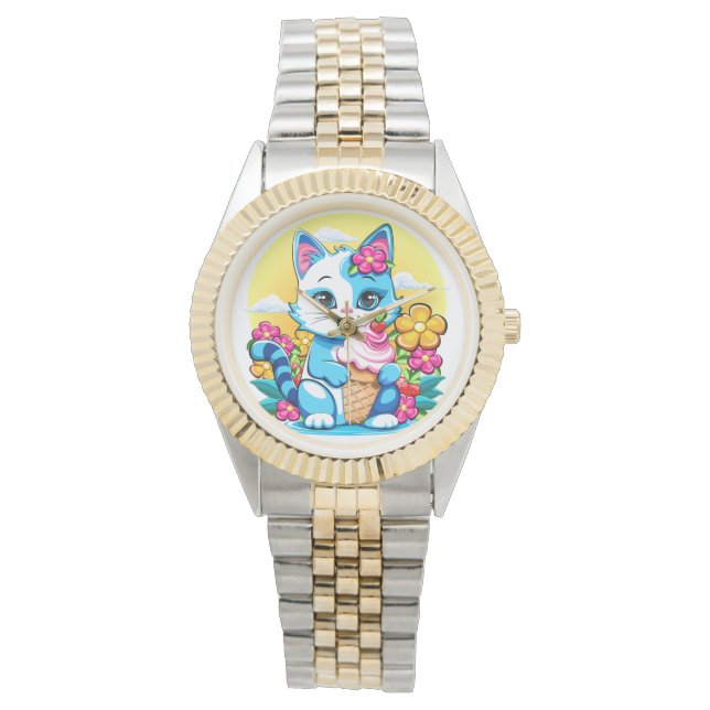 Kitty Cat with ice cream Summer Kawaii Character  Watch (Front)