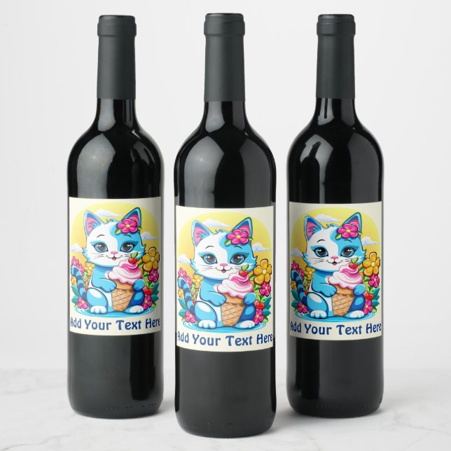 Kitty Cat with ice cream Summer Kawaii Character  Wine Label (Bottles)
