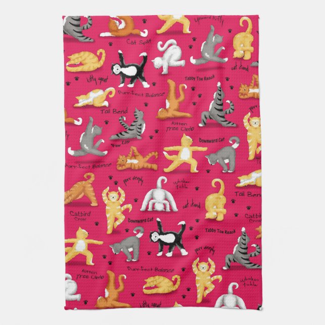 Kitty Cat Yoga Poses Colourful Red Yellow Whimsy Kitchen Towel (Vertical)
