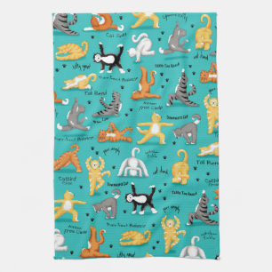 Kitty Cat Yoga Poses Colourful Turquoise Blue Fun Kitchen Towel