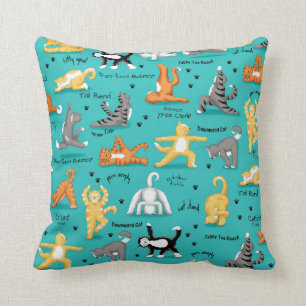 Kitty Cat Yoga Poses Turquoise Blue Yellow Whimsy Throw Pillow
