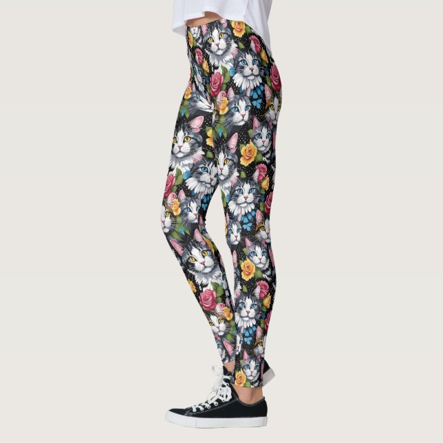 Kitty Cats And Roses On Black Background Leggings (Left)