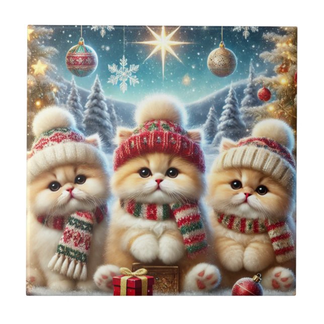 Kitty Cats in Christmas Decor and Snow  Tile (Front)