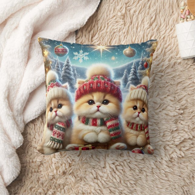 Kitty cats in festive Christmas decor and Snow Throw Pillow (Blanket)