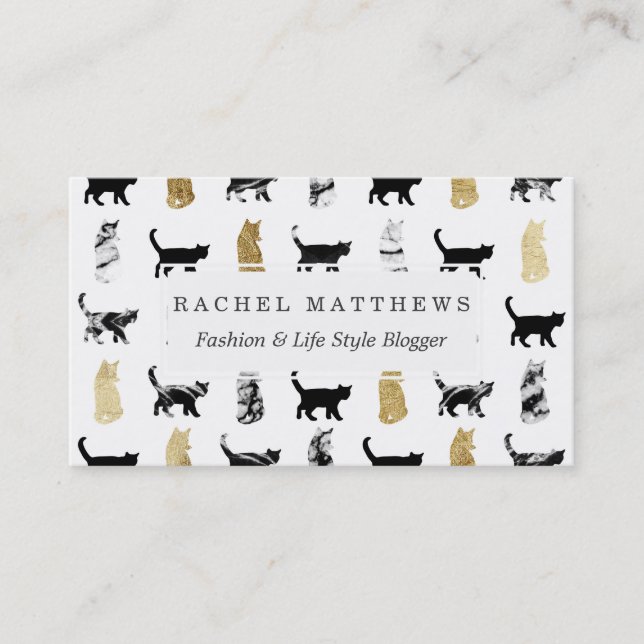 Kitty Cats in Gold and Black and White Marble Business Card (Front)