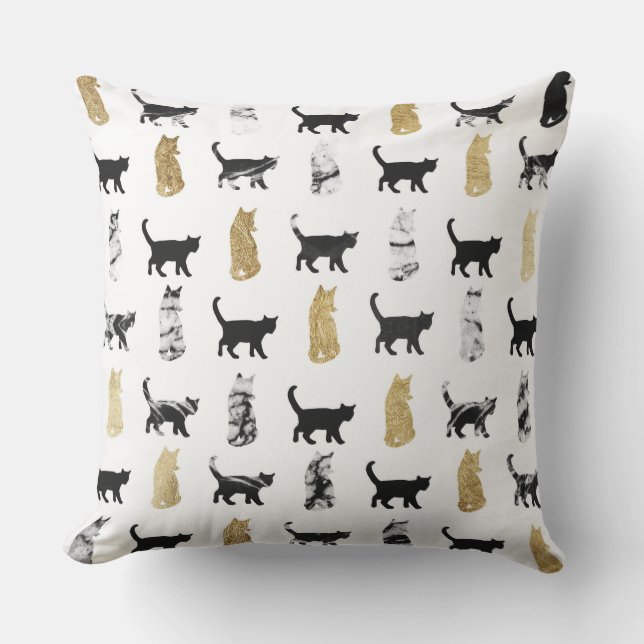 Kitty Cats in Gold and Black and White Marble Throw Pillow (Front)