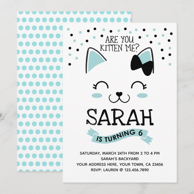 Kitty Chat Invitation d'anniversaire, Turquoise et (Devant / Derrière)