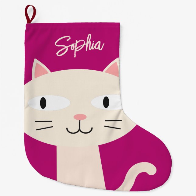 KITTY CHRISTMAS STOCKING, CUTE RASPBERRY COLOR  LARGE CHRISTMAS STOCKING (Front)