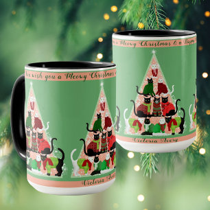 Kitty Christmas Tree Blush Green Custom Holiday Mug