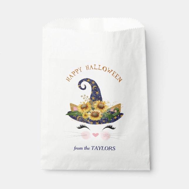 Kitty Face Gold Floral Halloween Favour Bag (Front)