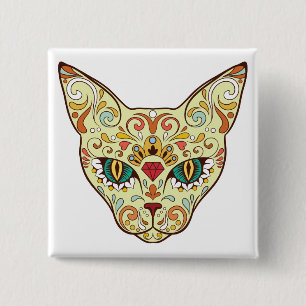 Kitty Face Sugar Skull   Day of the Dead Cat 2 Inch Square Button