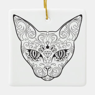 Kitty Face Sugar Skull   Day of the Dead Cat Ceramic Ornament